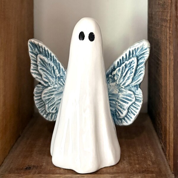 Blauer Engel-Flügel-Geist-handgemachte keramische einzigartige Fantasie-Geist-Skulptur handgemachtes und handgemaltes Geschenk