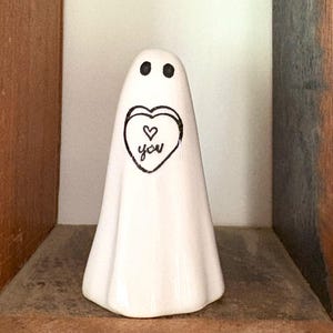 White Ghost Black Love You Heart Ceramic Unique Sculpture Hand Made and Hand Painted