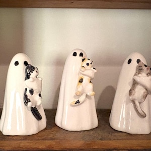 Little Ghost Holding a Cat Ceramic Unique Sculptures Hand Made and Hand Painted Christmas Stocking Filler Gift