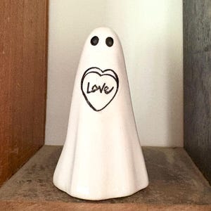 White Ghost Black Love You Heart Ceramic Unique Sculpture Hand Made and Hand Painted
