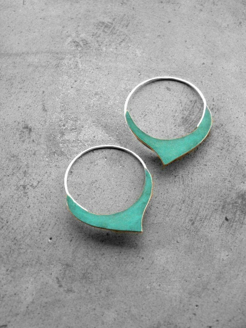 Verdigris Damasque Hoops - copper sterling silver handmade hoops, geometric, blue green patina, made in Italy 