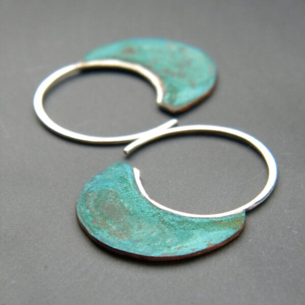FREE SHIPPING - Little Urban Hoops, Verdigris - handmade copper sterling silver earrings, patina, blue green, made in Italy