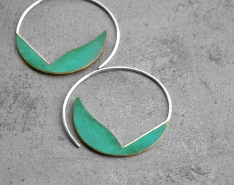 Verdigris Curvy Hoops - brass sterling silver hoop earrings, bohemian earrings, turquoise earrings, blue green patina