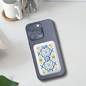 Floral Mosaic Tile Phone Wallet Magnet, Eco-Friendly MagSafe Compatible Floral Design, Perfect for Gifts, Travel, Blue Yellow Wallet