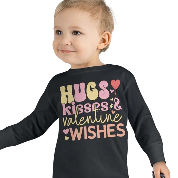 Schwarze Umarmungen und Küsse Kleinkind Langarmshirt, Kleinkind Valentinstag Shirt, süße Kleinkind Valentinstag Kleidung, süßes Kind langärmeliges Shirt