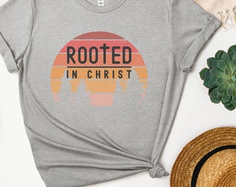 Rooted In Christ Christian Gray Tshirt,Faith Shirt, Retro Christian Tshirt,Bible Verse Shirt,Womens Christian TShirt,Men's Christian TShirt