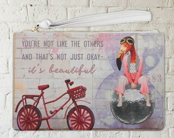 Womens Clutch Bag, Leather Wristlet, Flamingo Bag, Inspirational Pouch, Disco Bag, Bike Bag, Uplifting Gift, Accessory Bag, Stocking Stuffer