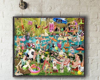 Fun Lake Photo Collage Art Poster Print, Lake house Decor, Boating Wall Decor Print, Swimming Art, Lake House gift, Eclectic Wall Decor