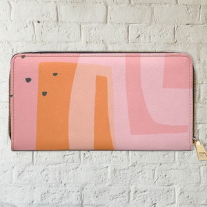 Portefeuille à fermeture éclair pour femmes, portefeuille abstrait, portefeuille rose et orange de style Mod, portefeuille en faux cuir, portefeuille coloré, cadeau pour maman, grand portefeuille