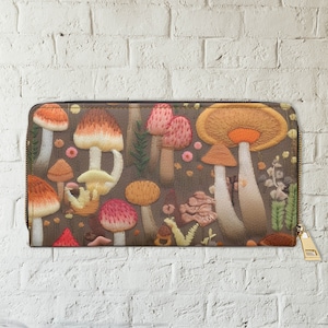 Cartera con cremallera para mujer, cartera de setas, cartera de cuero sintético, cartera de bordado falso, cartera con cremallera alrededor, cartera grande para mujer, regalo para mamá