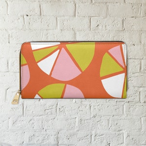 Portefeuille à fermeture éclair pour femme, portefeuille abstrait, portefeuille orange mod, portefeuille en similicuir, portefeuille rétro, portefeuille coloré, cadeau pour maman, cadeau de demoiselle d'honneur