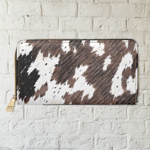Cartera con cremallera para mujer, cartera de piel de vaca sintética, cartera de piel de vaca marrón, regalo para mamá, regalo de dama de honor, cartera grande, cartera con cremallera, cartera de cuero sintético