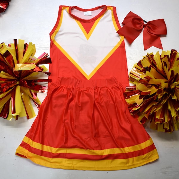 Kansas City CHIEFS colors Toddler Babies Girl's Cheerleader Outfit college football Kids Adults Pom Poms 5 Piece set