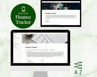 Puede incluir: Una captura de pantalla de una plantilla de Notion Finance Tracker en una pantalla de computadora. La plantilla incluye secciones para cuentas, transacciones y un rastreador de flujo de efectivo. El texto "Finance Tracker" se muestra en un cuadro verde en la pantalla.
