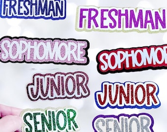 Pode incluir: Uma coleção de etiquetas recortadas com glitter apresentando as palavras FRESHMAN, SOPHOMORE, JUNIOR e SENIOR em várias cores, incluindo roxo, rosa, vermelho, verde e prata, cada uma com uma borda em camadas e acabamento texturizado.