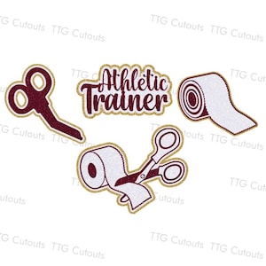 May include: A set of glittery die-cut shapes featuring a pair of maroon scissors, a roll of white athletic tape, and a maroon text graphic that reads Athletic Trainer. The designs have gold outlines and a textured, sparkling appearance throughout.