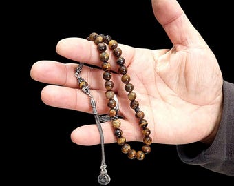 Handmade Tiger's Eye Tasbih: 925 Silver Islamic Prayer Beads
