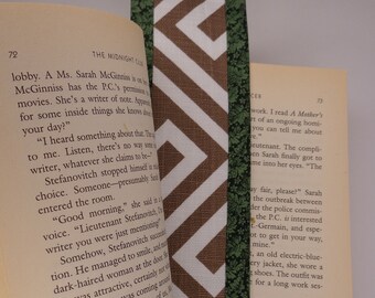 Bookmark Fabric Bookmark Brown White Green Geometric Bookmark Gift for Booklover Handmade Bookmark Stocking Stuffer Gift Idea Free Ship