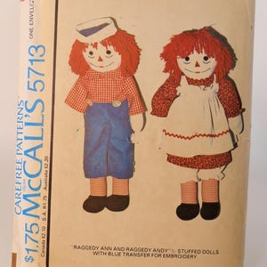 Raggedy Ann Pattern Raggedy Andy Pattern with Transfers McCalls 5713 Uncut Pattern FF Craft Pattern Doll Pattern Free Shipping