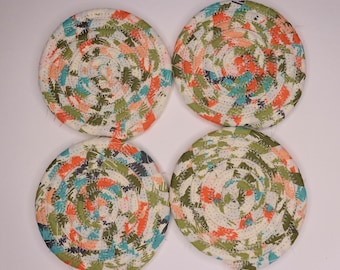 Fabric Wrapped Clothesline Coasters Set Of 4 Colorful Fabric Coasters 4 Round Coasters Rope Coasters Fabric Coasters Free Shipping