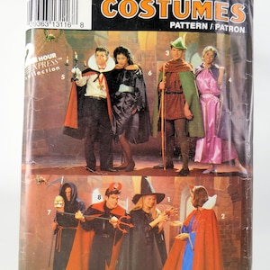 May include: Simplicity Costumes sewing pattern number 13116 for making eight different Halloween costumes. The pattern includes a vampire, a witch, a princess, a knight, a devil, a grim reaper, a snow queen, and a robin hood. The pattern is for sizes small to large.