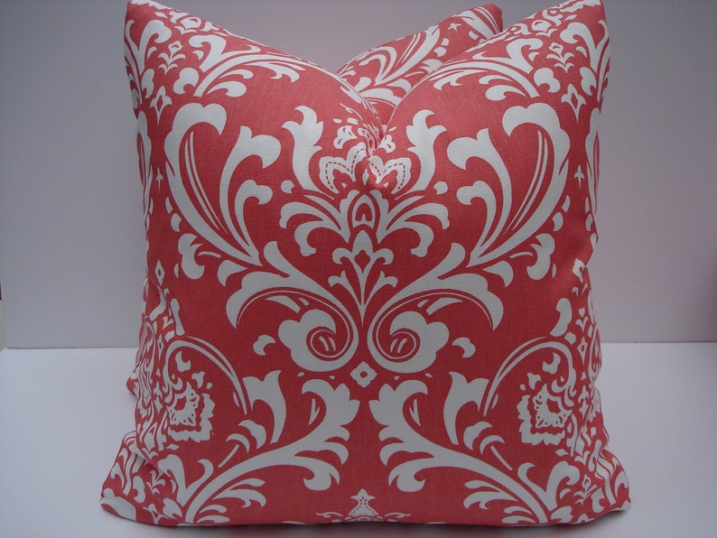 Damask Pillow Covers Coral and White Pillows One Pair 18 x 18 Handmade Decorative Throw Pillows Toss Pillows Accent Pillows Accent Pillows image 1