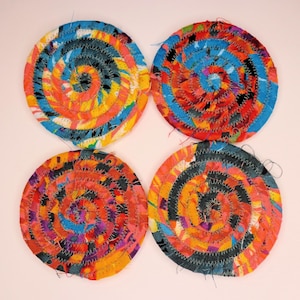 Fabric Wrapped Clothesline Coasters Set Of 4 Coasters Colorful Fabric Coasters 4 Round Coasters Rope Coasters Fabric Coasters Free Shipping