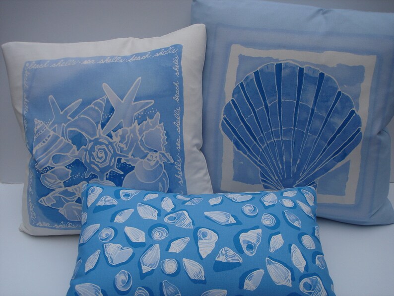 Sea Shell Pillow Covers Set of 3 Pillows 20 x 20 18 x 18 12 x 18 Blue and White Pillows Nautical Pillows Decoative Throw Pillows Accent image 5