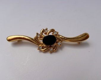 Vintage Pin Lapel Pin Scarf Pin Shawl Pin Womens Pin Gold Tone Pin with Black Stone and Rhinestones Midcentury Pin 1960s Pin