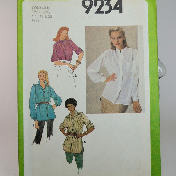 Womens Shirt Pattern Tunic Pattern Simplicity 9234 Size 18-20 Uncut Pattern FF 1970s Clothing Pattern Pullover Tunic Free Shipping