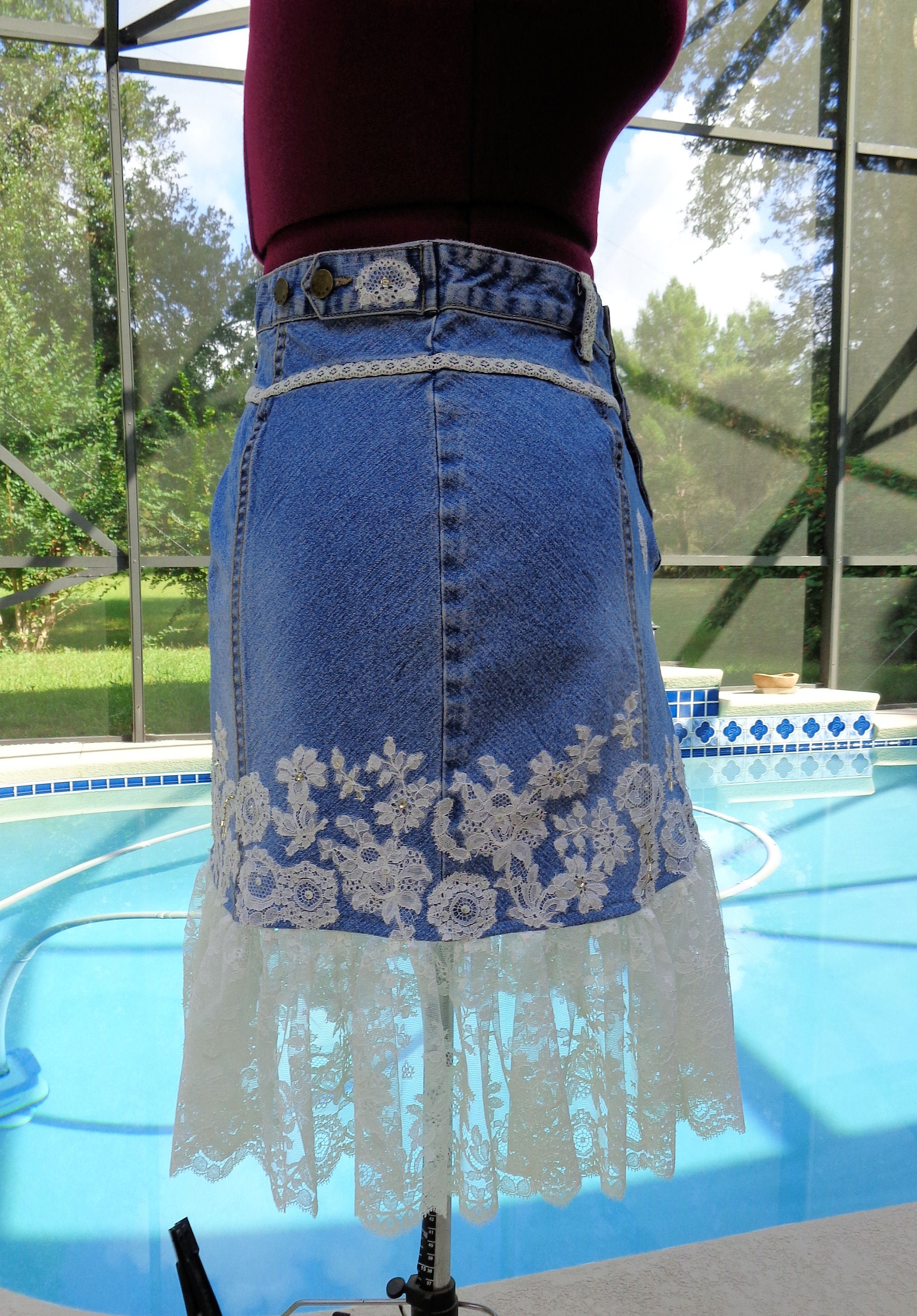 Blue jean skirt with lace cheap