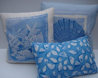 Sea Shell Pillow Covers Set of 3 Pillows 20 x 20 18 x 18 12 x 18 Blue and White Pillows Nautical Pillows Decoative Throw Pillows Accent