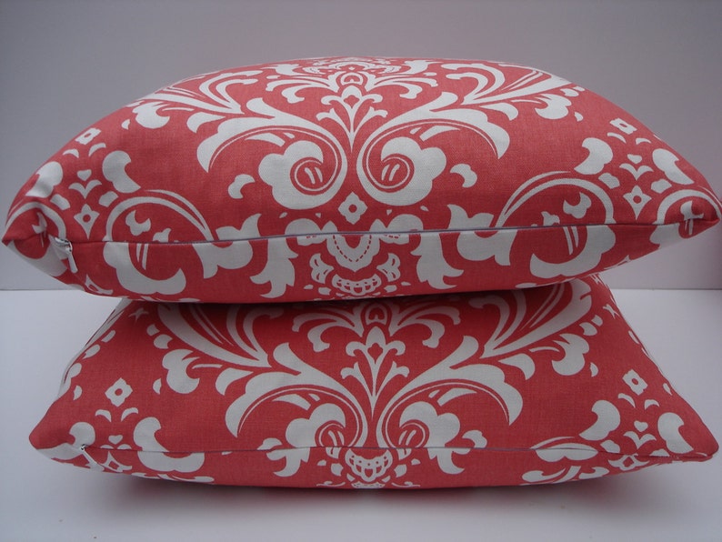 Damask Pillow Covers Coral and White Pillows One Pair 18 x 18 Handmade Decorative Throw Pillows Toss Pillows Accent Pillows Accent Pillows image 3