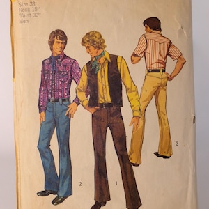May include: A Simplicity 5048 sewing pattern envelope featuring illustrations of three outfits. The text includes '5048 Simplicity', 'Size 38', 'Neck 15"', and 'Waist 32"'. The illustrations show shirts, vests, and flared trousers in various colours.