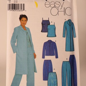 May include: A sewing pattern for a women's suit with a long jacket, trousers, and a skirt. The pattern includes a separate pattern for a jacket, a top, and a skirt. The pattern is for sizes 4, 6, 8, and 10. The pattern is from Simplicity and is called "easy chic".