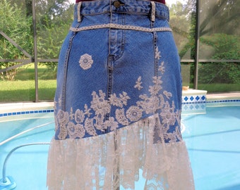 Embellished Jeans Skirt Lace Jeans Skirt Upcycled Denim Skirt Denim And Lace Beaded Skirt Denim Bridal Skirt One O f A Kind Size 12 Unique