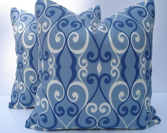 Blue Pillow Covers Handmade One Pair 18 x 18 Home Decor Blue and Off White Pillows Throw Pillows Pair Blue Pillows Cushion Covers