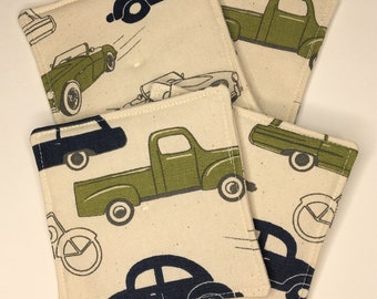 Coasters Mug Rugs Set of 4 Coaster Set Mug Rug Set Fabric Coasters Hostess Gift Housewarming Gift Reversible Coasters Car Print Mug Rugs