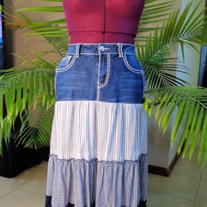 Upcycled Denim Skirt Jeans Top With Fabric Gathered Tiered Skirt Attached Wearable Art Skirt Refashioned Denim Skirt Unique Skirt Free Ship