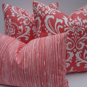 Damask Pillow Covers Coral and White Pillows One Pair 18 x 18 Handmade Decorative Throw Pillows Toss Pillows Accent Pillows Accent Pillows image 5