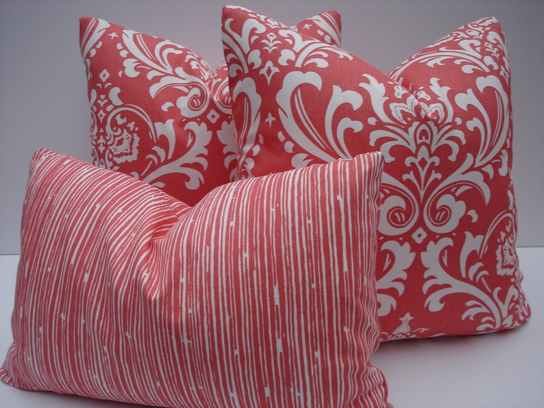 Damask Pillow Covers Coral and White Pillows One Pair 18 x 18 Handmade Decorative Throw Pillows Toss Pillows Accent Pillows Accent Pillows image 5