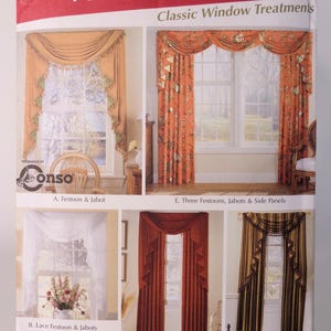 May include: A Simplicity Home Decorating sewing pattern envelope 5474 for Easy Festoons & Jabots. The front features five color photographs of various window treatments, including gold, orange, white, red, and striped curtains with decorative trim.