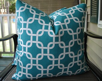 Teal Geometric Pillow Covers One Pair 18 x 18 Handmade Teal and White Pillows Decorative Throw Pillows Pair Teal Pillows Home Decor Cushions