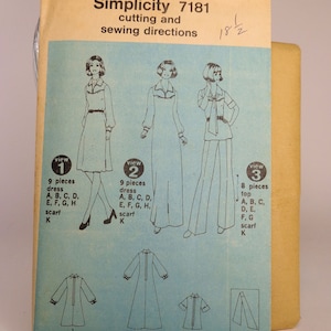May include: A vintage Simplicity sewing pattern for a dress and top. The pattern number is 7181. The pattern includes instructions for cutting and sewing. The pattern shows three different views of the garment. The first view is a long dress with a scarf. The second view is a long dress with a scarf. The third view is a top with pants and a scarf.