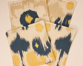 Coasters Mug Rugs Set Of 4 Coaster Set Mug Rug Set Fabric Coasters Hostess Gift Housewarming Gift Reversible Coasters Ikat Mug Rugs