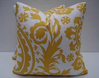 Suzani Pillow Covers Yellow and White Pillows One Pair 18 x 18 Pillows Handmade Decorative Throw Pillows Cushion Covers Toss Pillows