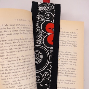 Bookmark Fabric Bookmark Red And Black Floral Bookmark Gift for Booklover Handmade Bookmark Stocking Stuffer Gift Idea Free Shipping