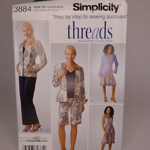 May include: A sewing pattern for a jacket, shorts, and dress. The pattern is from Simplicity Threads Magazine Collection and includes sizes 14, 16, 18, 20, and 22. The pattern is for sizes EUR 40-48 and FR 42-50.