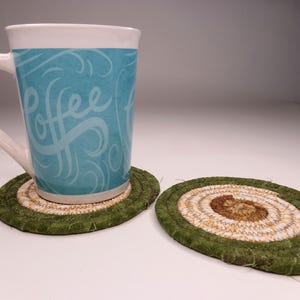 Fabric Wrapped Clothesline Coasters Set Of 2 Green Brown Coasters Fabric Coasters 2 Round Coasters Rope Coasters Free Shipping