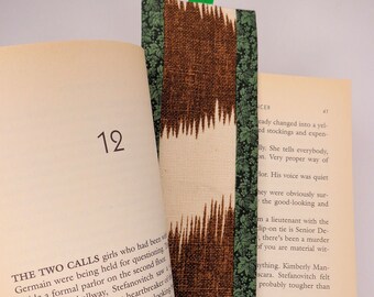 Bookmark Fabric Bookmark Brown Off White Green Ikat Print Bookmark Gift for Booklover Handmade Bookmark Stocking Stuffer Gift Idea Free Ship